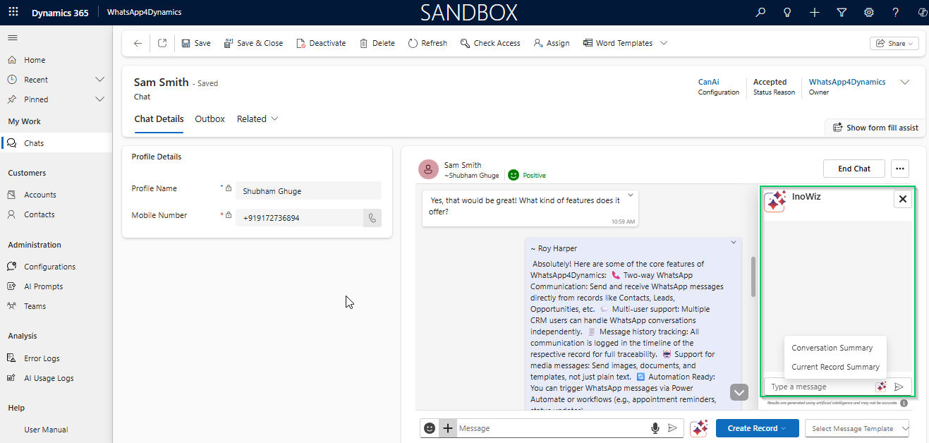 Dynamics 365 CRM Records from WhatsApp Chats