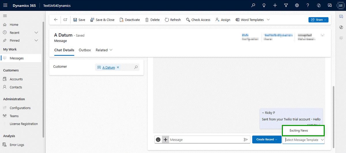 Integrate Text SMS with Dynamics 365 CRM