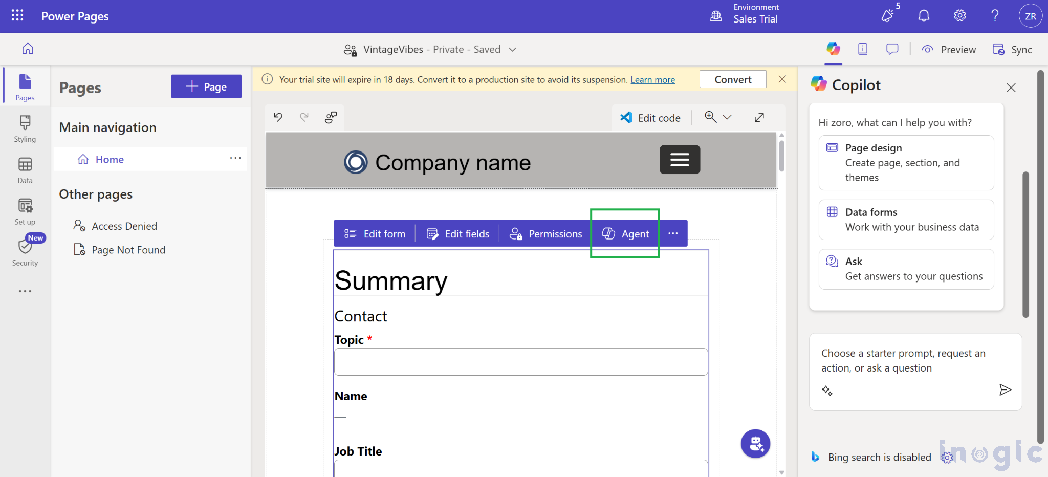 How to Create an AI Agent from a Form in Microsoft Power Pages using Copilot Studio