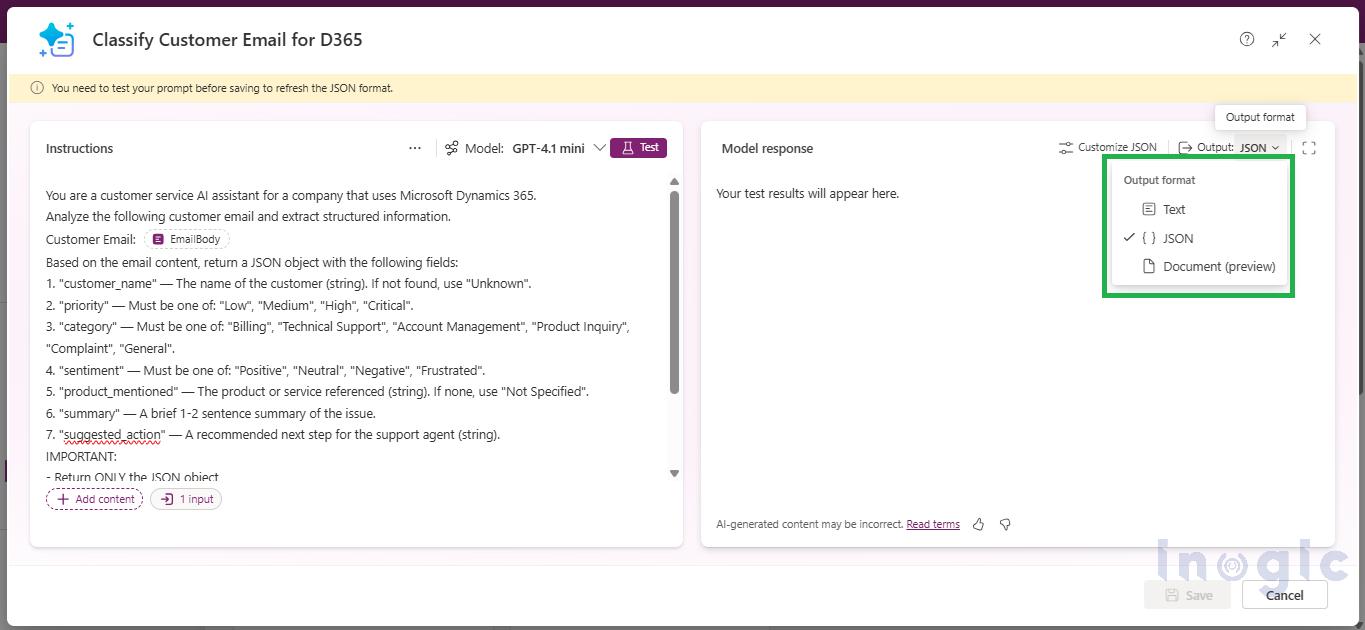 Configuring JSON Output with AI Builder Prompts in Power Apps
