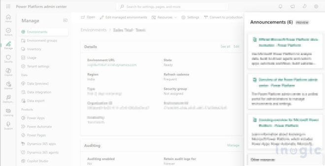 Power Platform Admin Center Notifications and Announcements